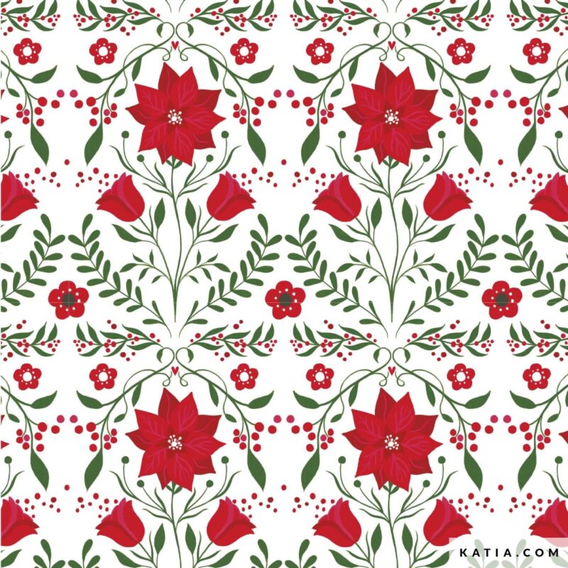 Katia xmas poplin wit met kerstbloemen