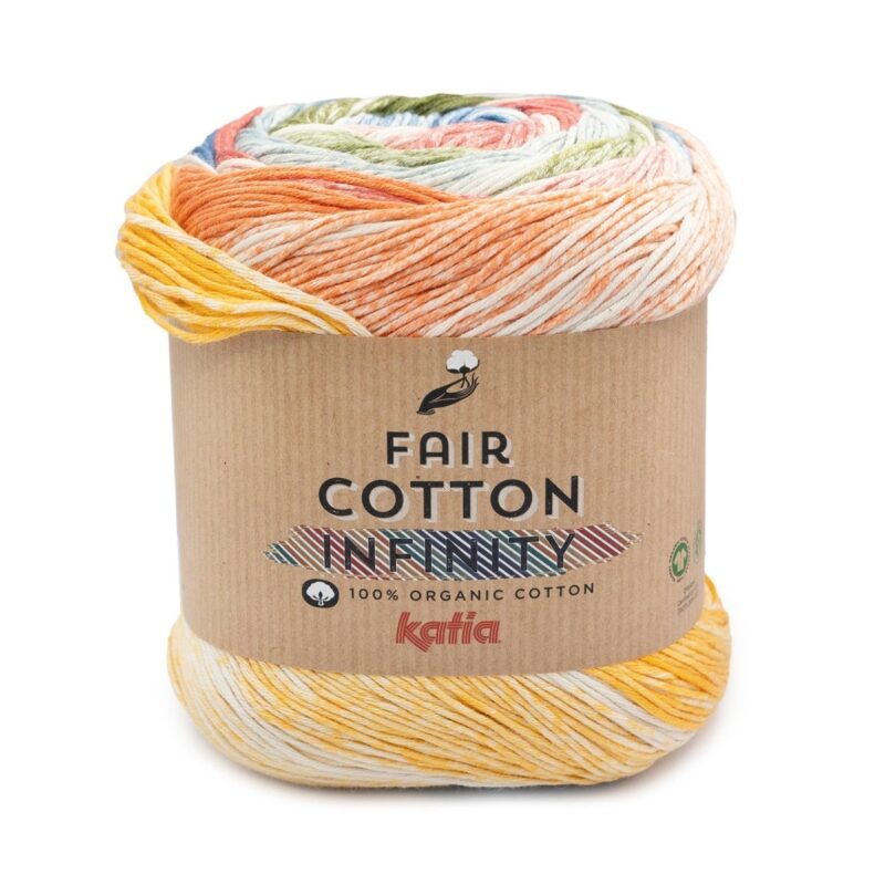 Katia Fair Cotton Infinity Blauw-Wijn rood-Bezem geel-Donker groen