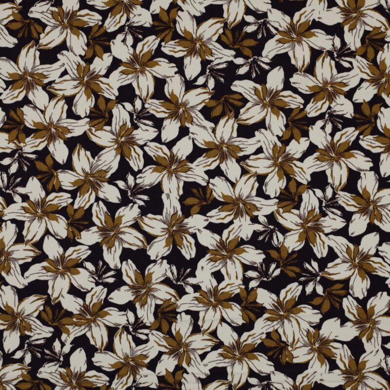 Viscose Rosella oker bloemen bordeaux